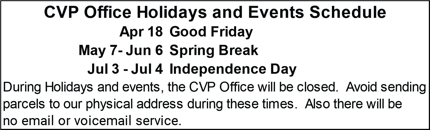 CVP Upcoming Holidays and Events